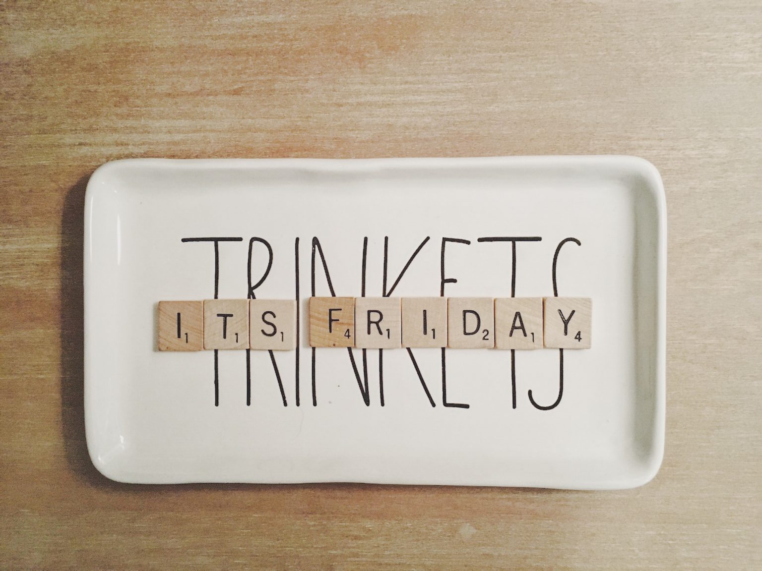 Scrabble tiles on Rae Dunn trinkets