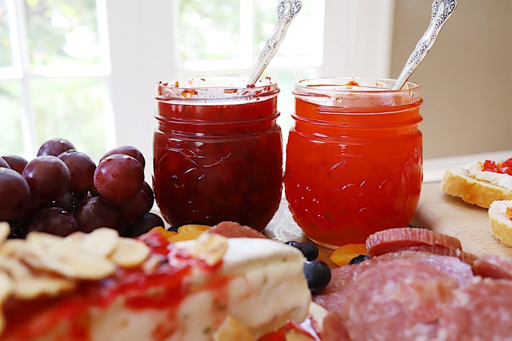 cranberry pepper jam and orange red pepper jelly