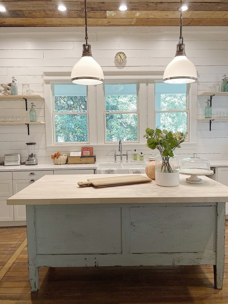 kitchen with island and open shelves