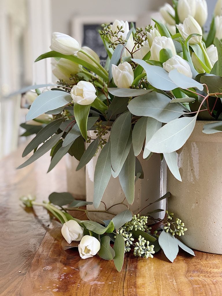 2 Beautiful Tulip Centerpieces with Eucalyptus