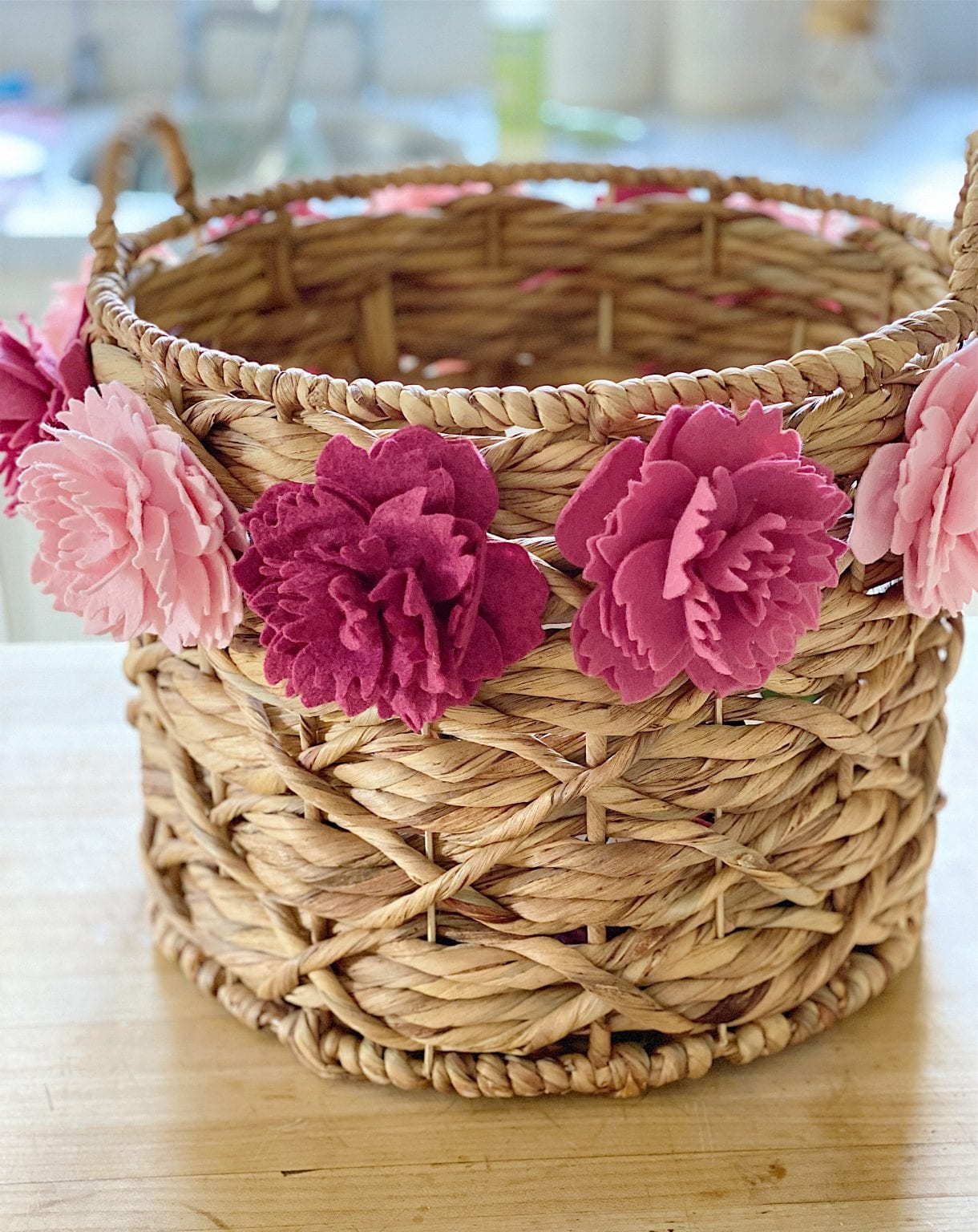 Basket with Peony Felt Flowers