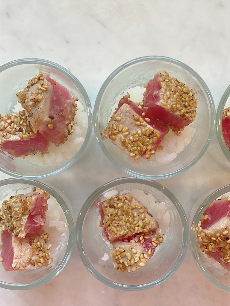 Place the ahi in the tiny cups.