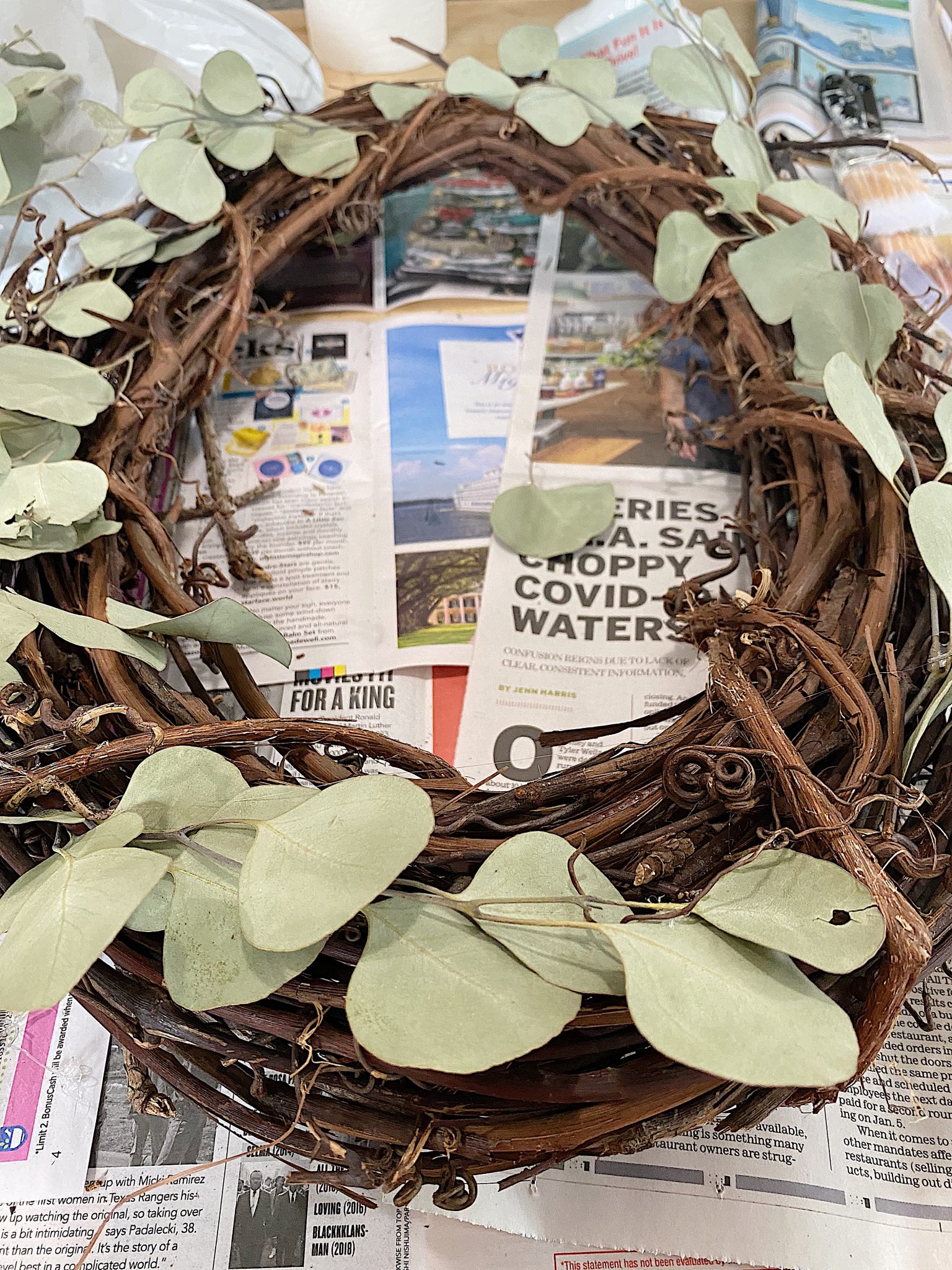 Pine Cone Wreath DIY Adding Dried Eucalyptus
