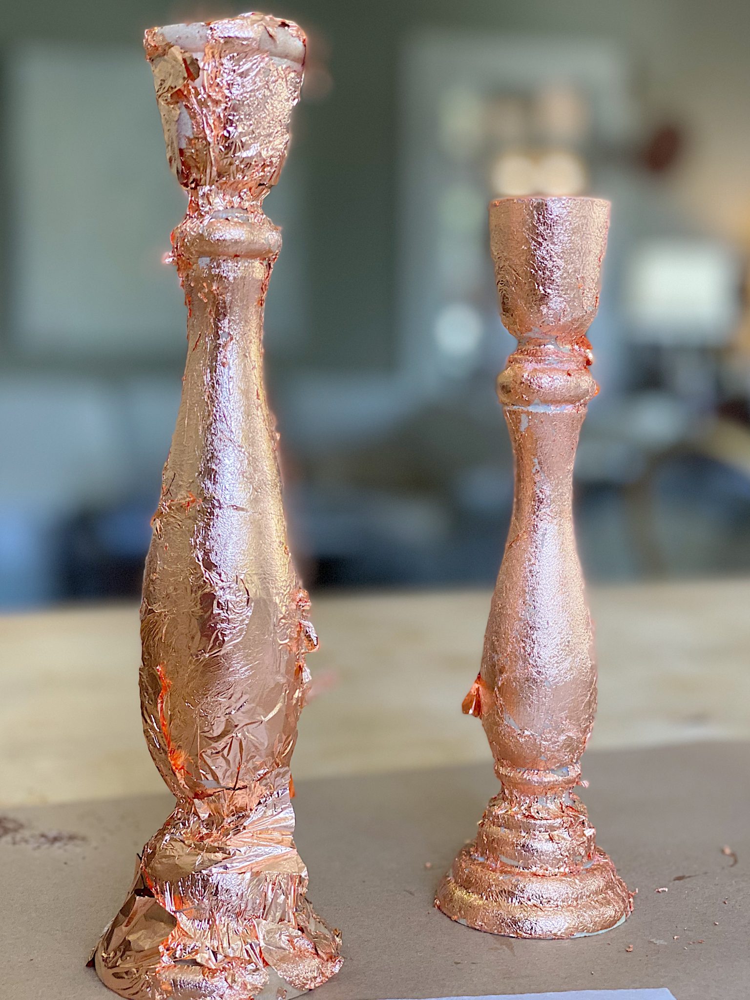 Rose Gold Metal Leaf on Wood Candlesticks