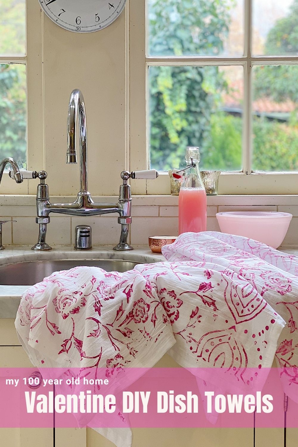 I love this Valentine DIY craft. These kitchen towels and pink dish soap are a perfect gift or a fun way to spruce up your kitchen.