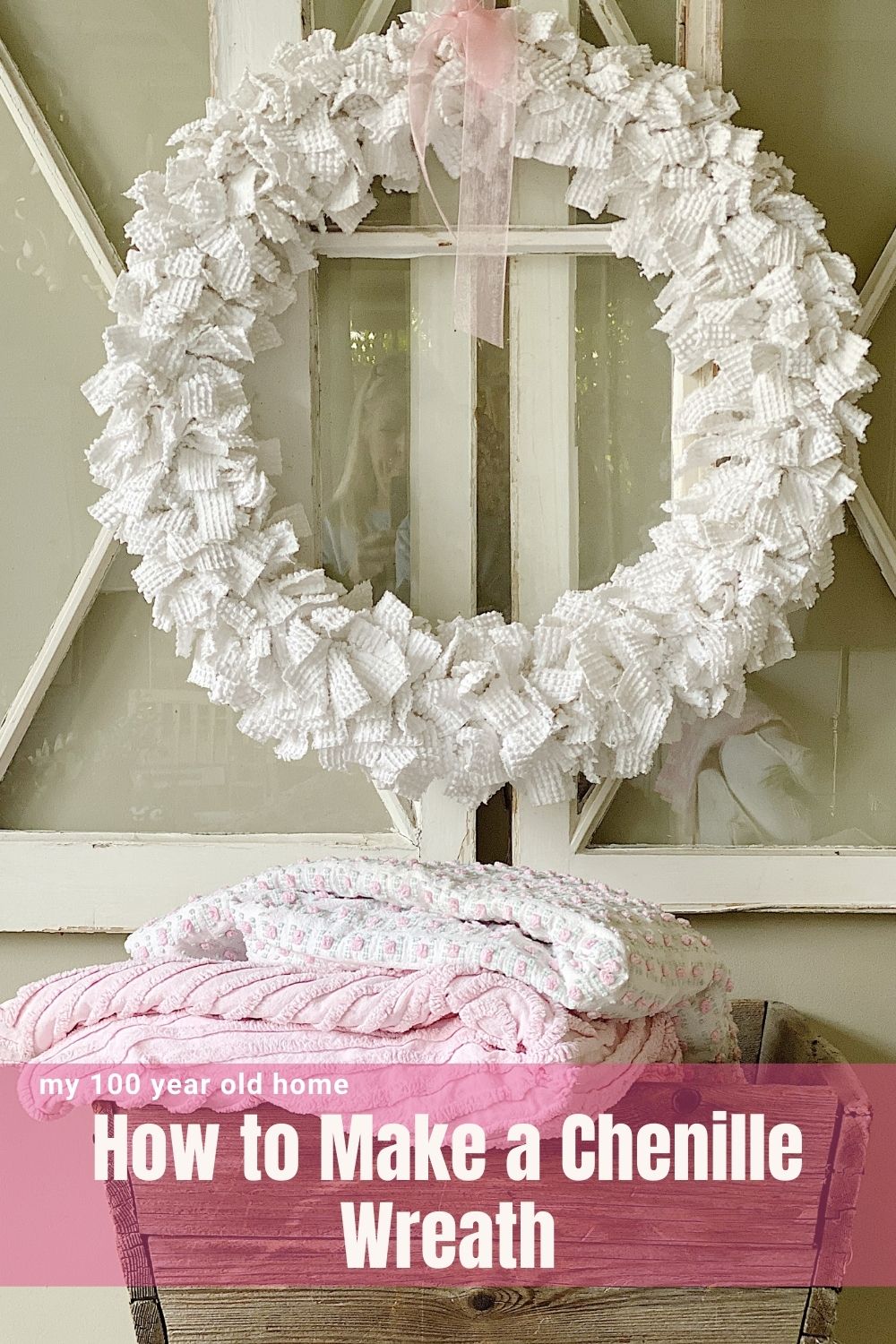 I love chenille and am thrilled to share how to make a chenille wreath. I am so happy I found a use for the $5 chenille bedspread I bought at the flea market.