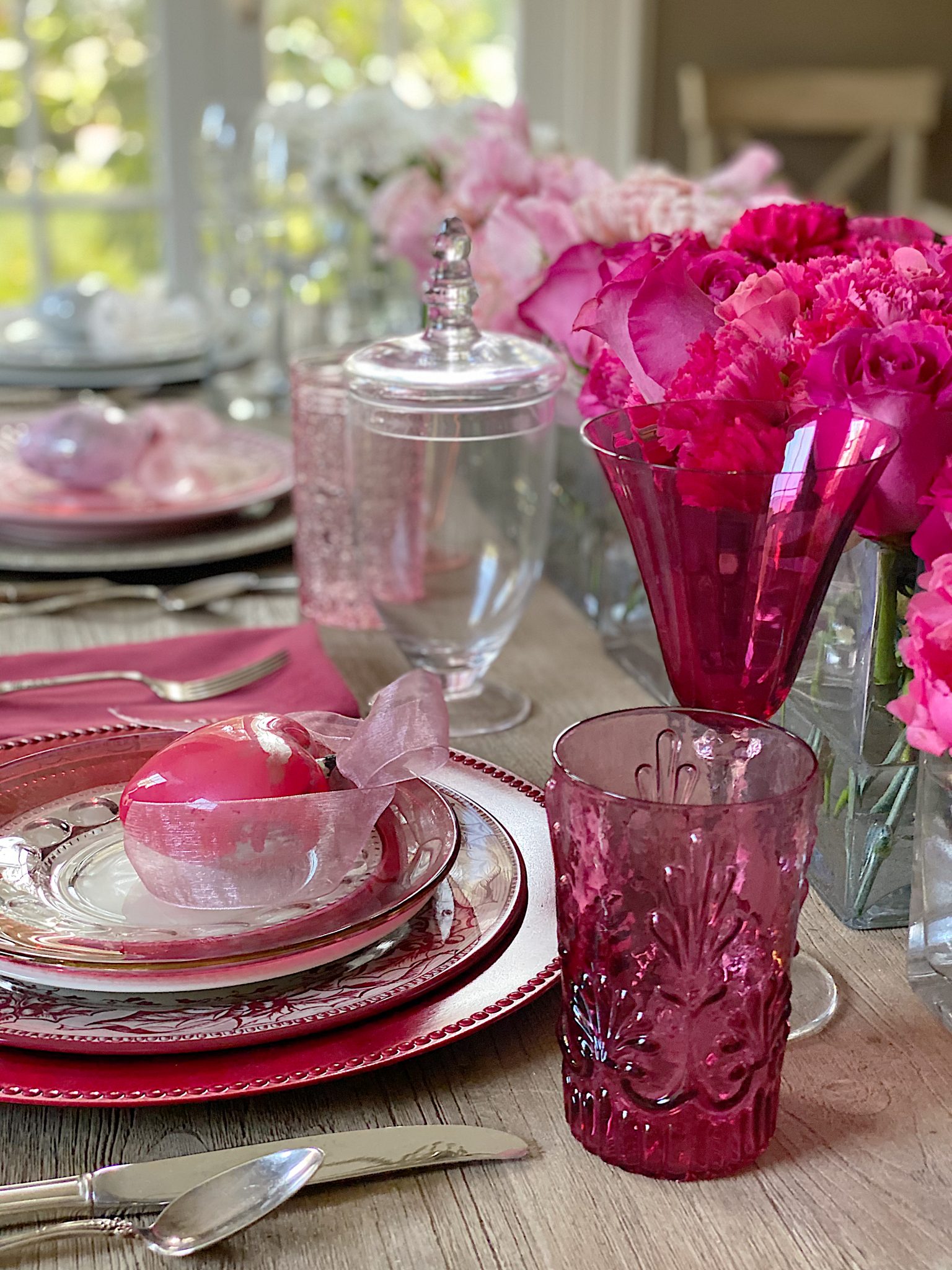 Valentine's Day Table Decorations with Pink glassware