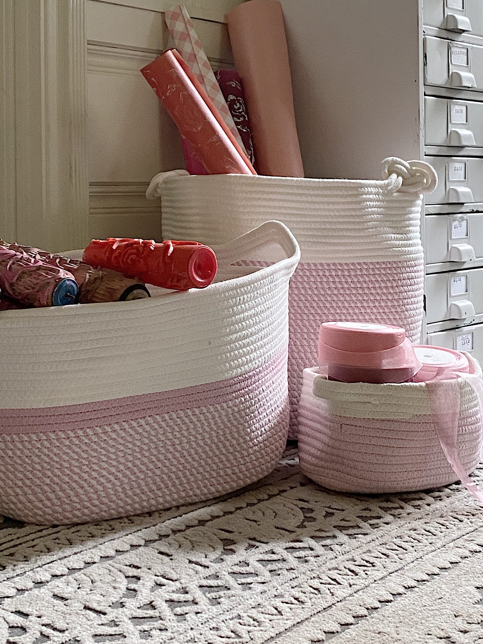 Pink Baskets in Craft Room Organization