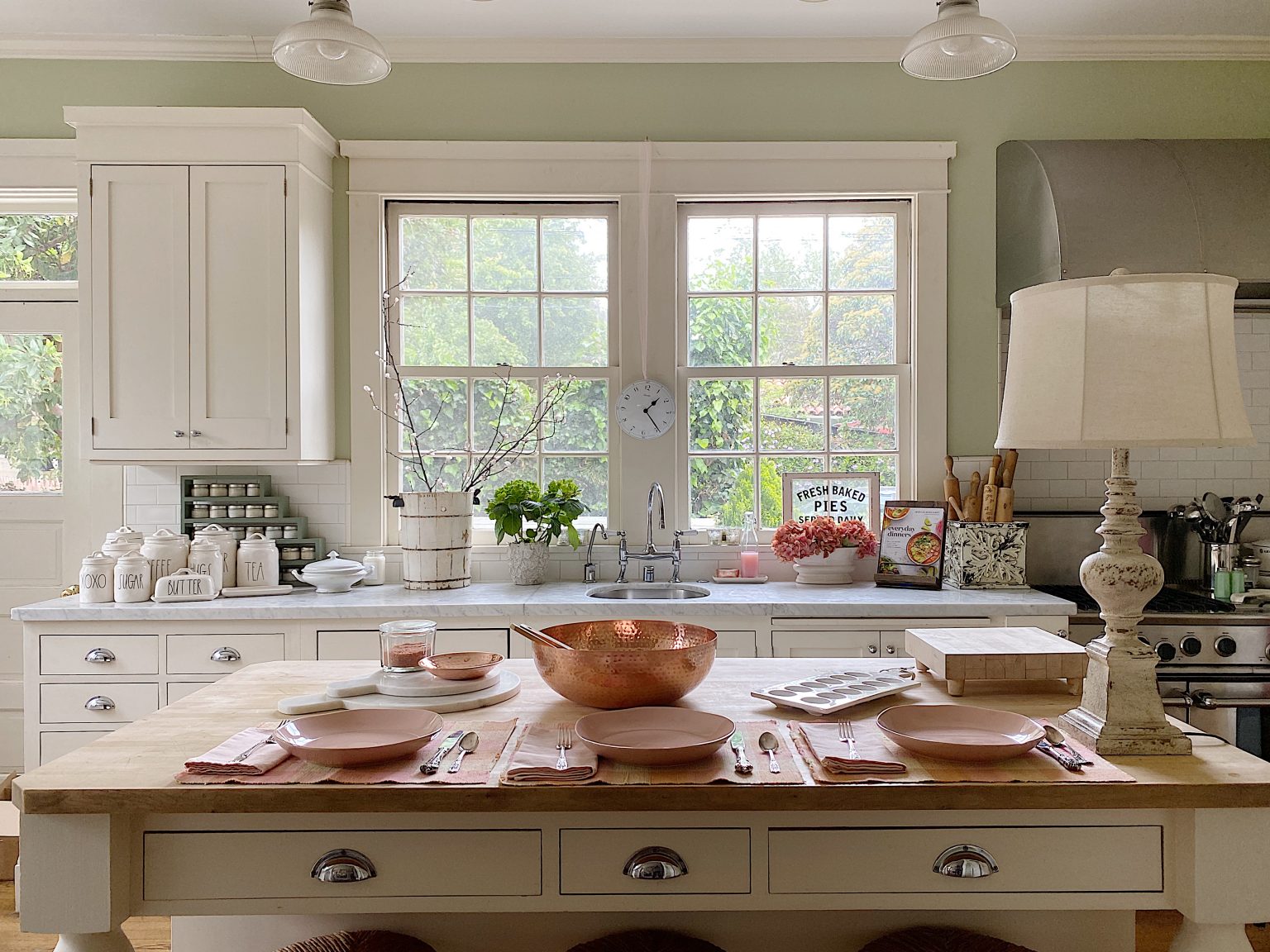 Pink Dinnerware at the Kitchen Island