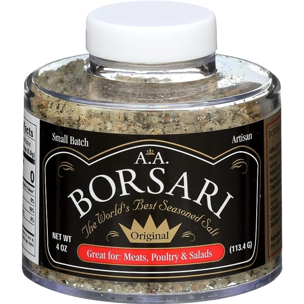 A 4 oz jar of Borsari seasoned salt, labeled "The World's Best Seasoned Salt." Ideal for meats, poultry, and salads, it perfectly complements tried and true recipes.