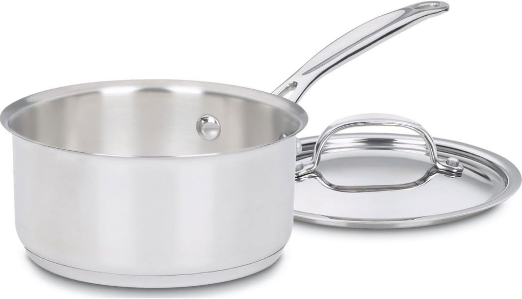 A stainless steel saucepan with a long handle and a matching lid placed beside it, perfect for whipping up your tried and true recipes.