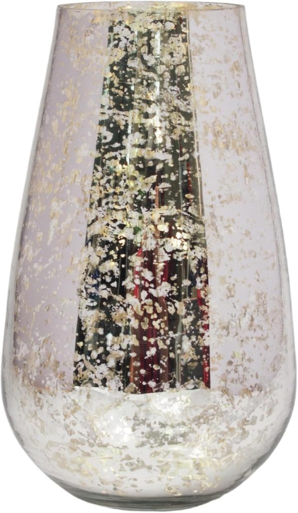 Clear glass vase with a teardrop shape, featuring a reflective silver and gold speckled pattern—perfect as a centerpiece to complement your elegant dinner party recipes.