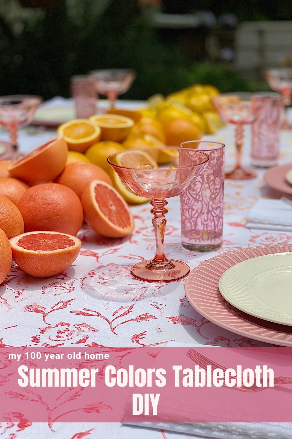 Look how I rescued this stained tablecloth by painting it in summer colors with a paint roller. It looks perfect on my citrus themed table!