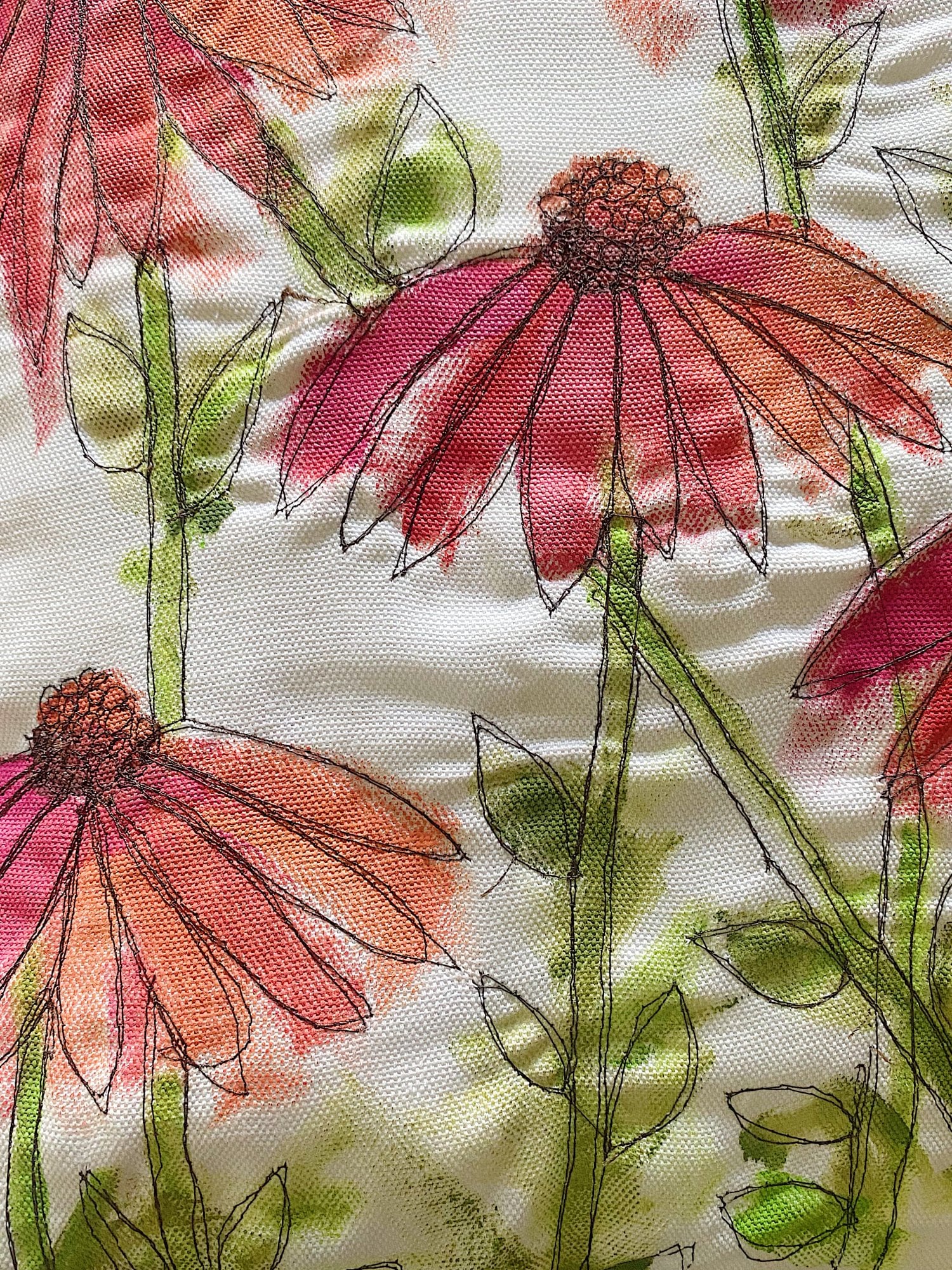 Summer Flower Pillow with Paint and Free Stitch Embroidery