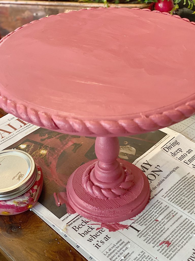 Fall Wood Cake Stand with Raspberry Paint