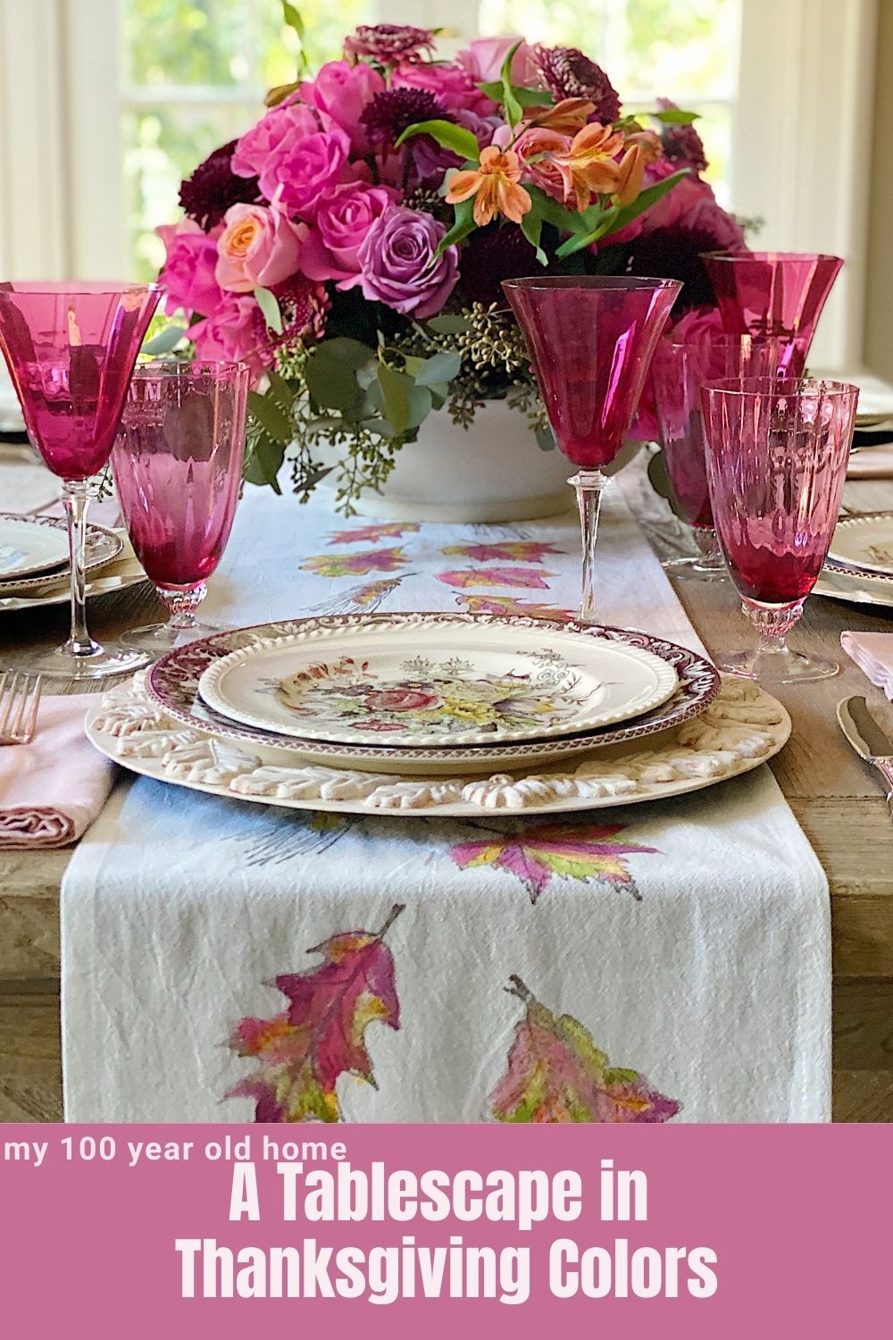 I love creating a tablescape in Thanksgiving colors. I made the table runner and used a vintage flea market bowl for my holiday centerpiece.