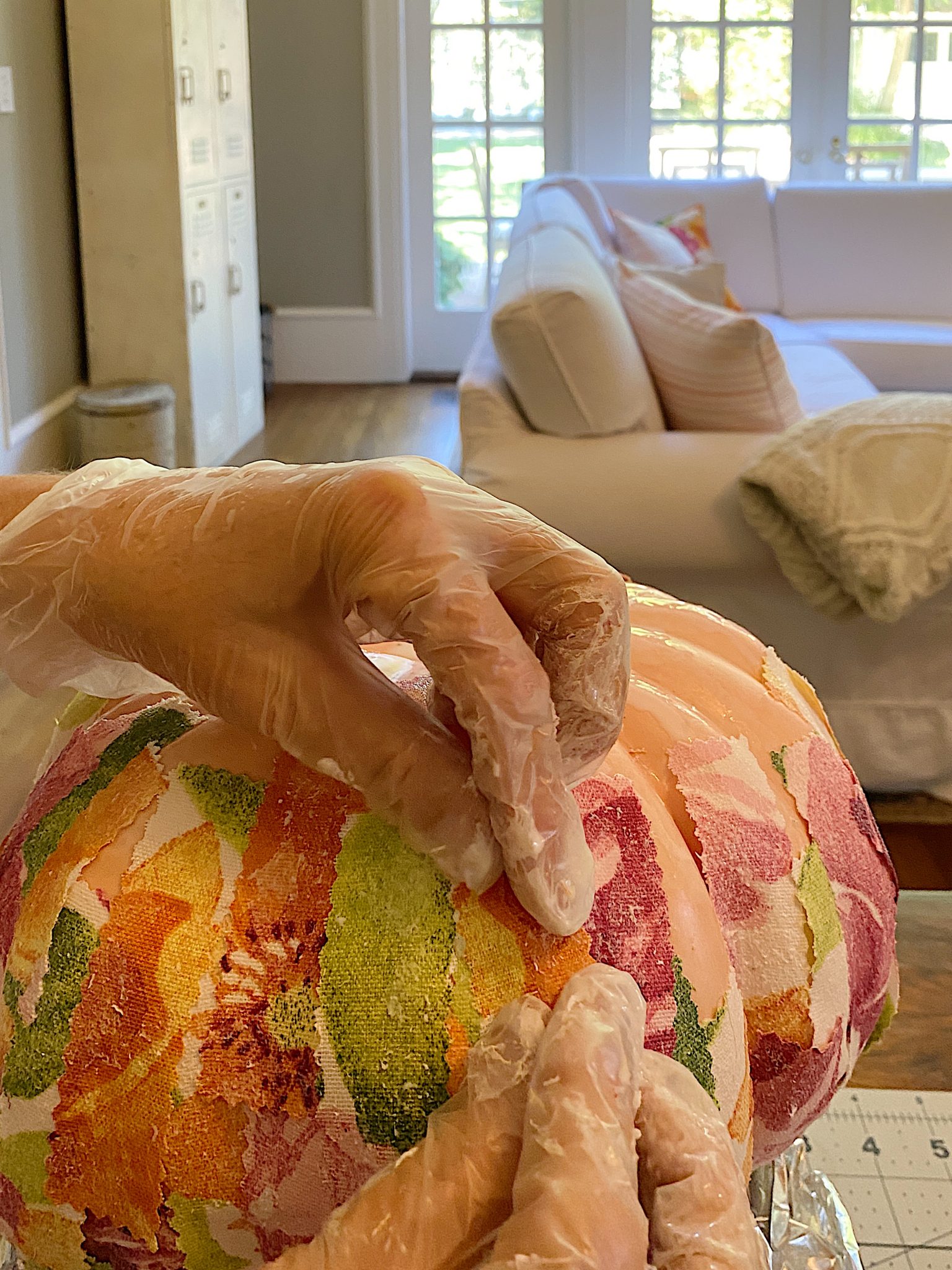 Apply Glue to the Fabric on Cinderella Pumpkin