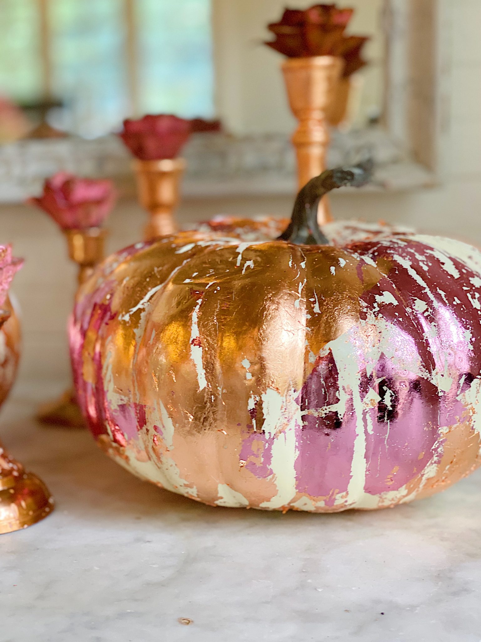 Copper and Pink Metal Leaf Fall Pumpkin