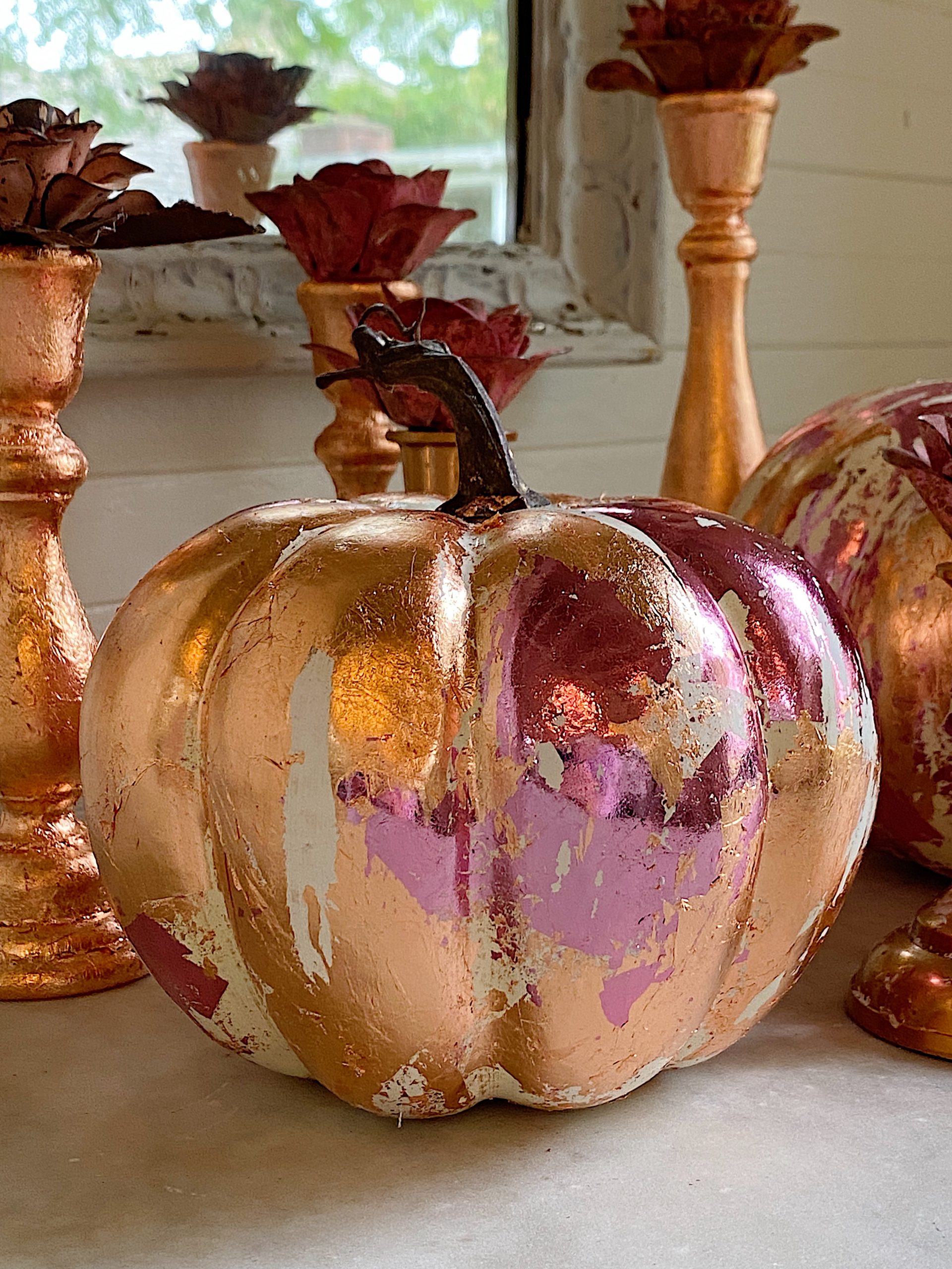 DIY Fall Pumpkin with Pink and Copper Leaf - MY 100 YEAR OLD HOME