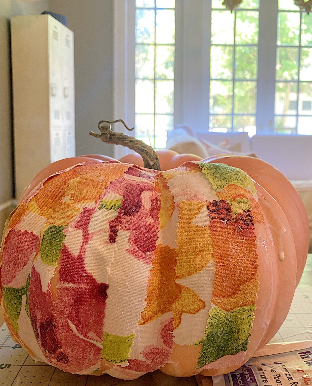 Glue the Fabric on Cinderella Pumpkin