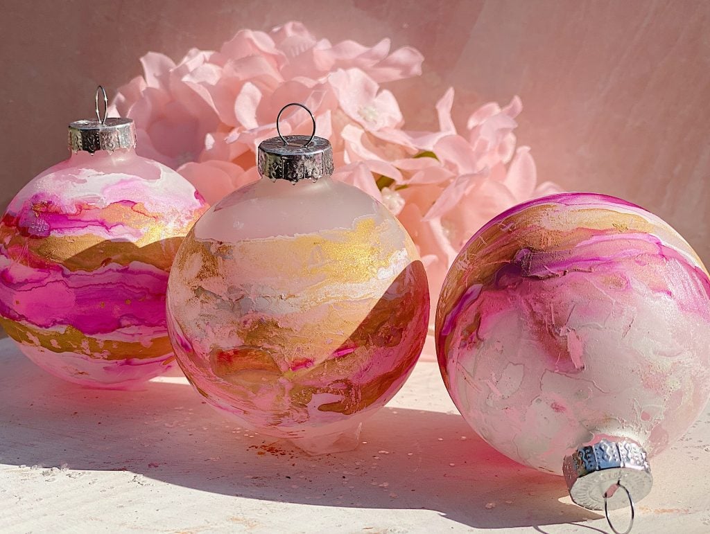peachy pink and off white Vintage Christmas glass ornaments set of 7