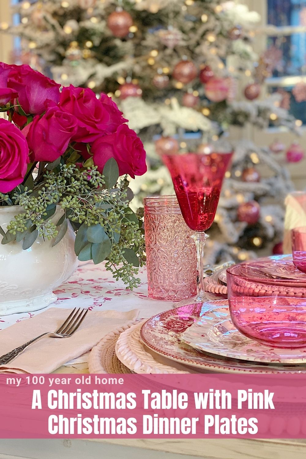 I love to set tables for Christmas and these Pink Christmas Dinner Plates on the table in the Carriage House are my favorites.
