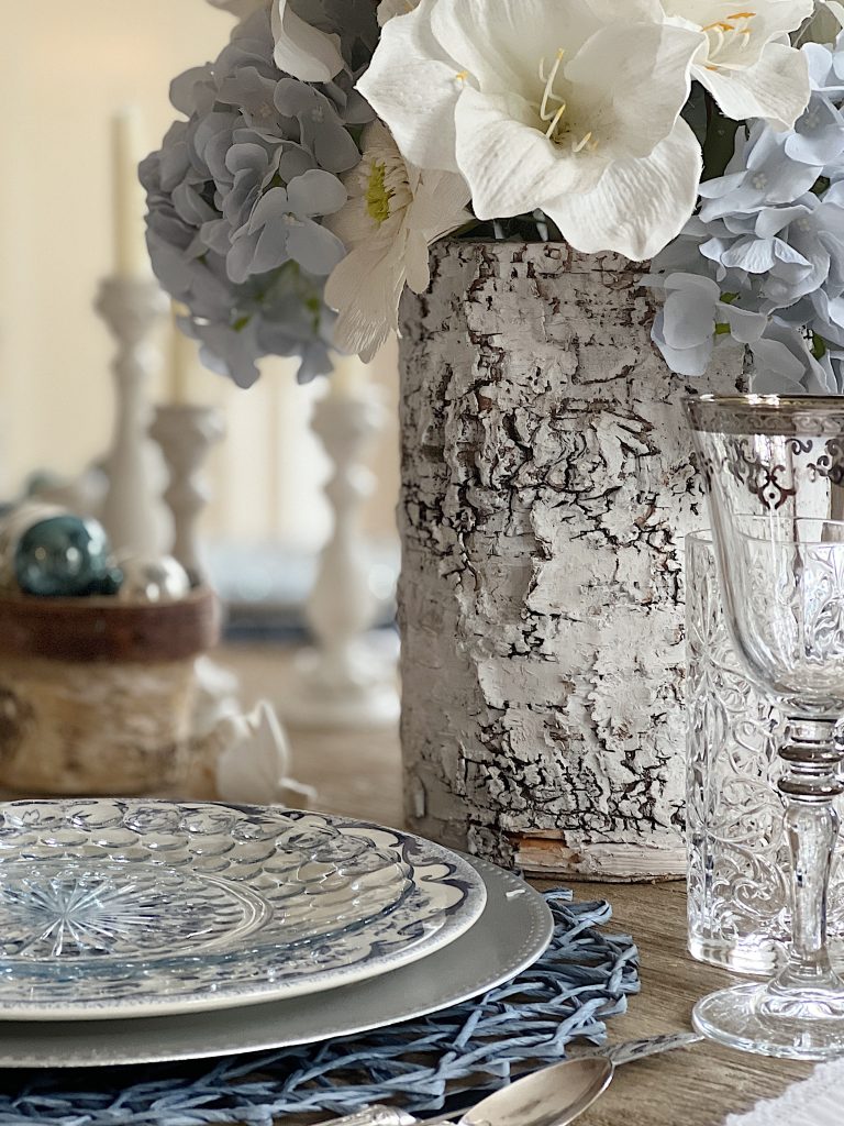 Birch Vase on Winter Inspired Farmhouse Dining Table