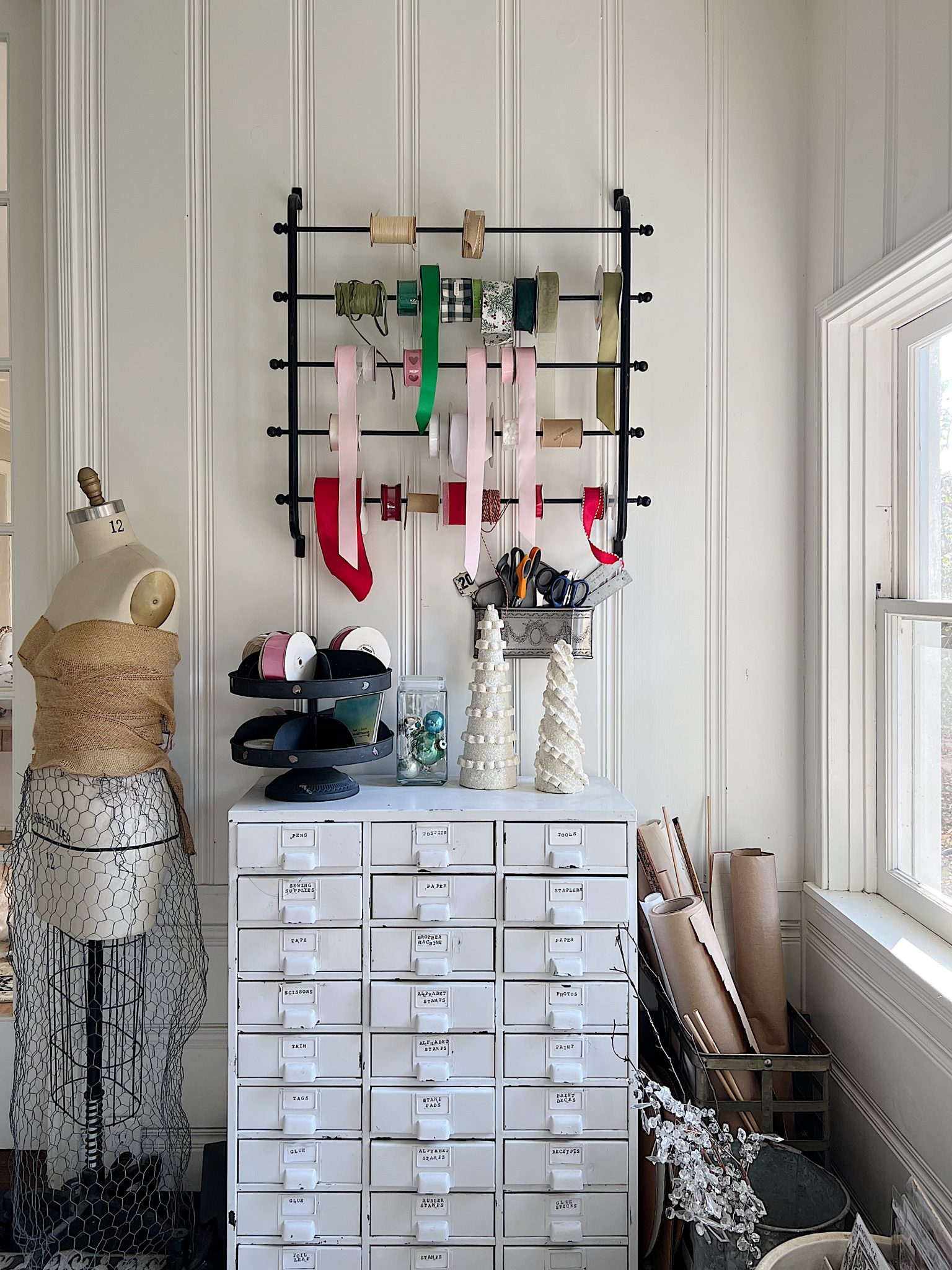 Winter Home Decor and Ribbon Rack
