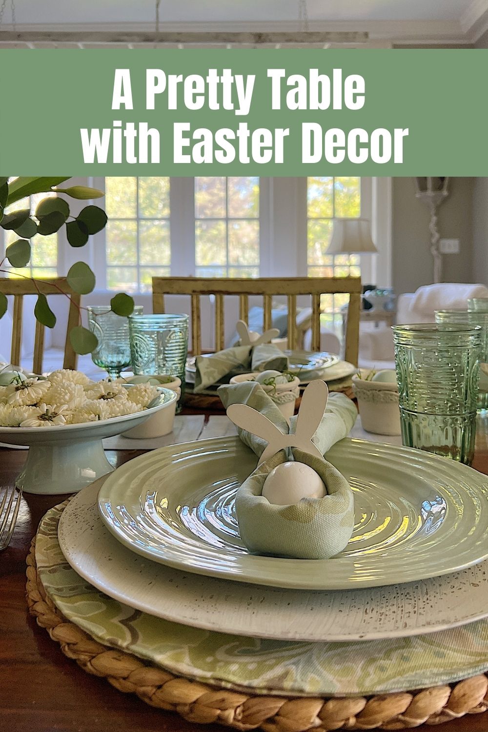 I created a table with Easter decor using decorative napkins, small egg pots, and a beautiful floral arrangement.