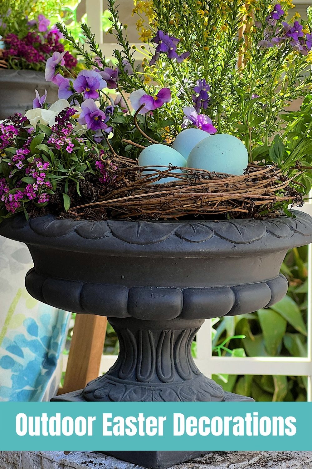 I made some new outdoor Easter decorations for our porch. I made my own footed planters and I love how they came out.