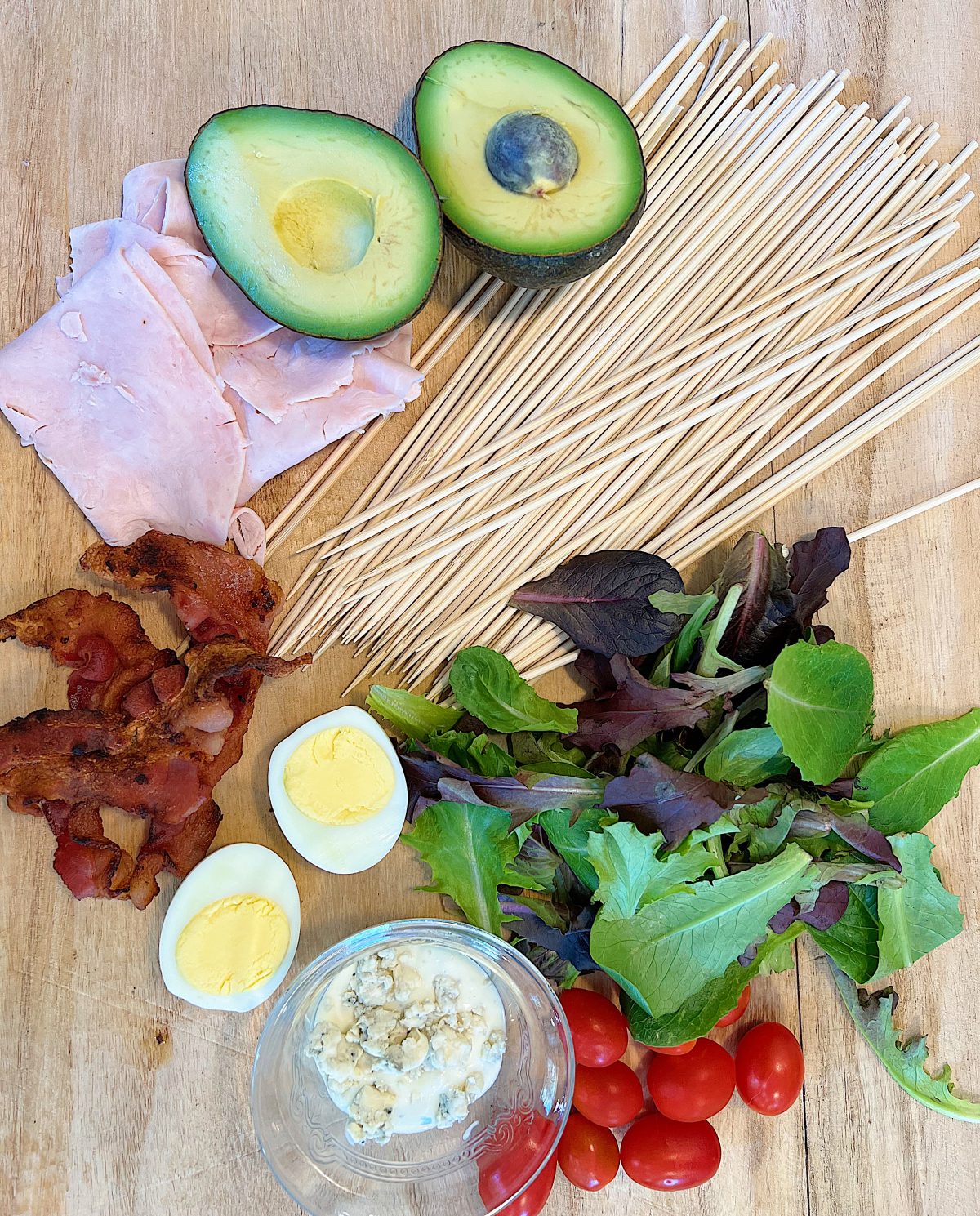 Cobb Salad Skewers with Blue Cheese Dressing