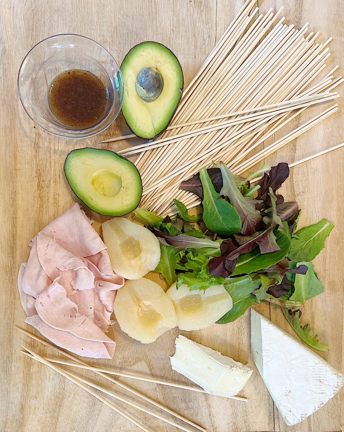 Pear, Brie, Avocado, Turkey Salad Skewers with Balsamic Dressing