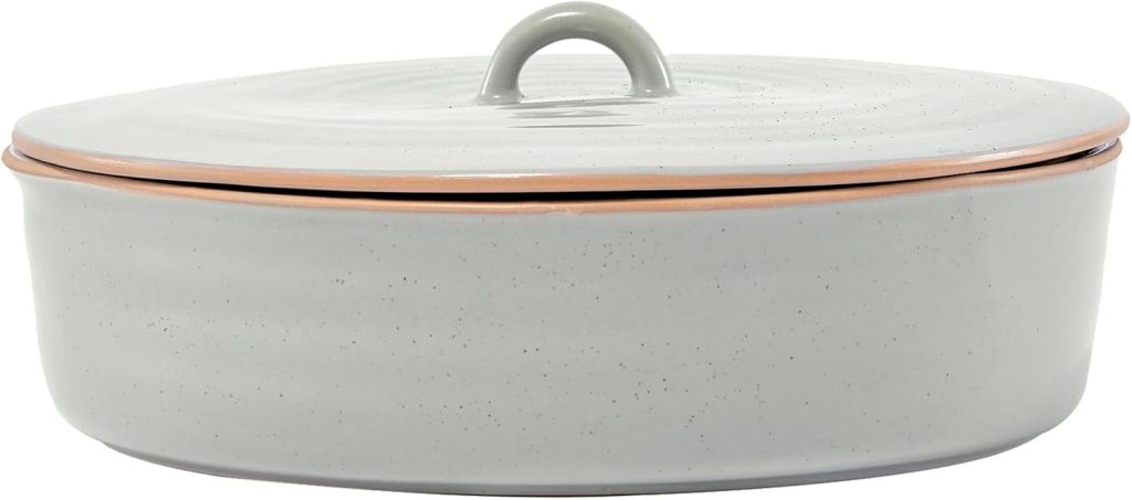 A round, light gray ceramic casserole dish with a matching lid and a simple handle on top—perfect for serving your favorite dishes on a happy Taco Tuesday.