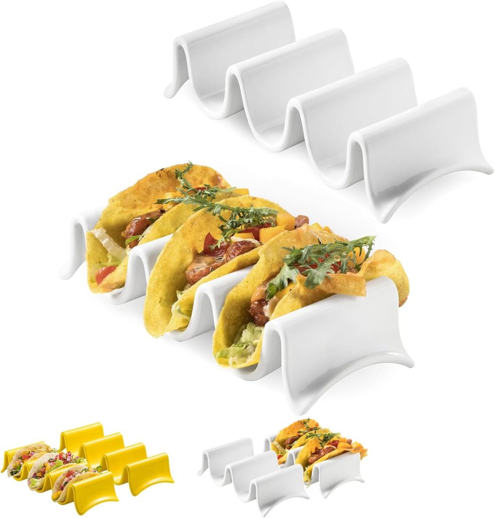 Three white taco holders each holding three tacos, with additional empty white and yellow taco holders shown in the background and foreground—perfect for a happy Taco Tuesday!.