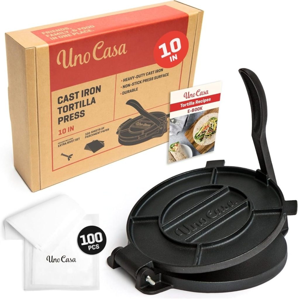 Uno Casa 10-inch cast iron tortilla press with handle, 100 parchment papers, a cloth, a box, and a tortilla recipe e-book—everything you need for a happy Taco Tuesday at home!.