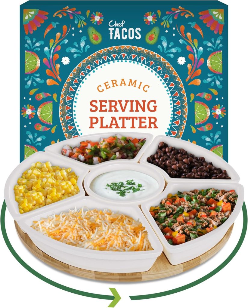 Ceramic serving platter with six sections for corn, shredded cheese, dip, beans, salsa, and more—perfect for a happy Taco Tuesday. Set against colorful packaging labeled "Chef Tacos Ceramic Serving Platter.