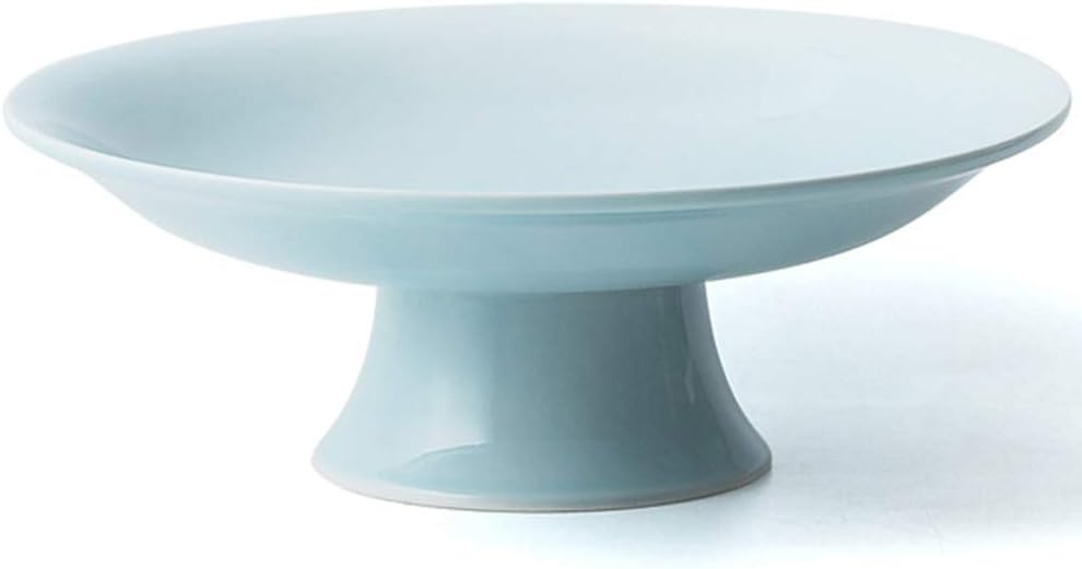 A light blue ceramic pedestal cake stand with a wide, flat plate and sturdy base, perfect for outdoor table decor, photographed on a white background.