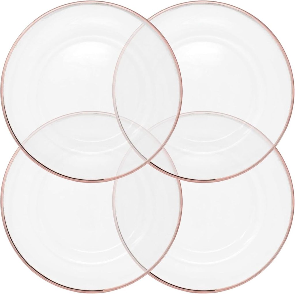 Four transparent glass plates are arranged in a square formation, with each plate slightly overlapping the adjacent plates at the edges—perfect for stylish Outdoor Table Decor.