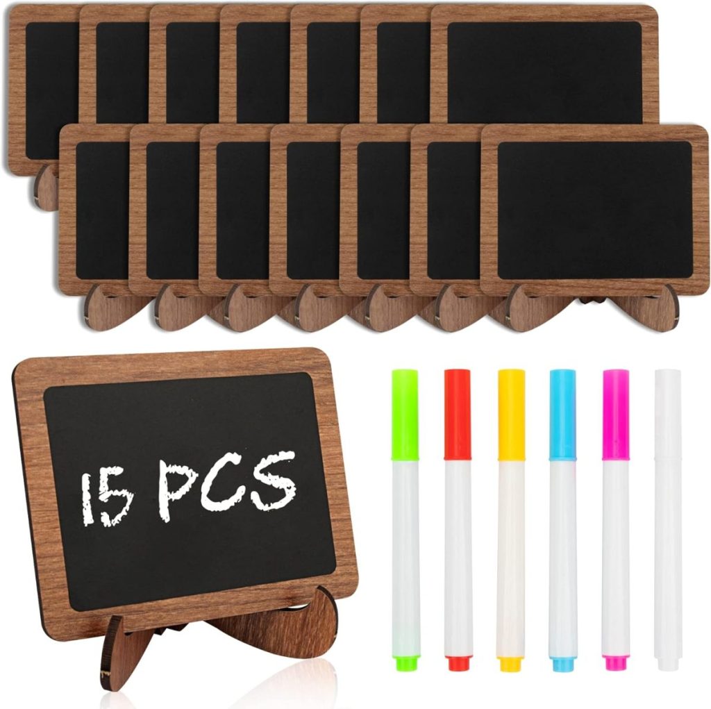Fifteen small rectangular chalkboards with wooden frames and stands, shown with six colored markers in green, yellow, orange, pink, blue, and white—perfect for creative outdoor table decor.