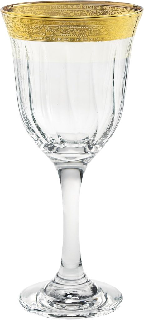 A clear wine glass with a decorative gold rim, featuring a classic shape and vertical grooves along the bowl—perfect for mastering the Art of Entertaining.