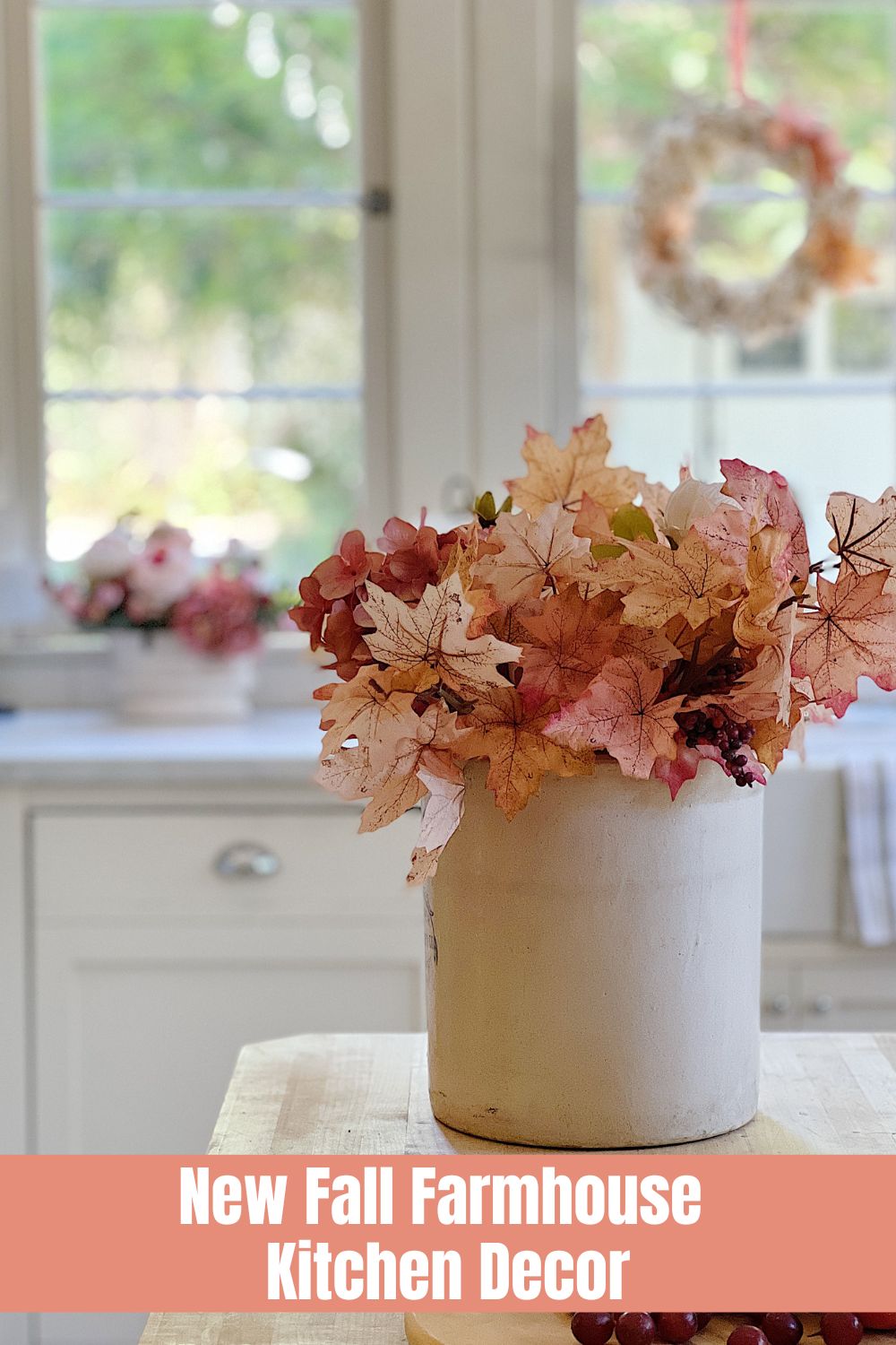 I love adding new fall farmhouse kitchen decor to our home. It makes me smile to see how the fall branches add so much color to our kitchen.