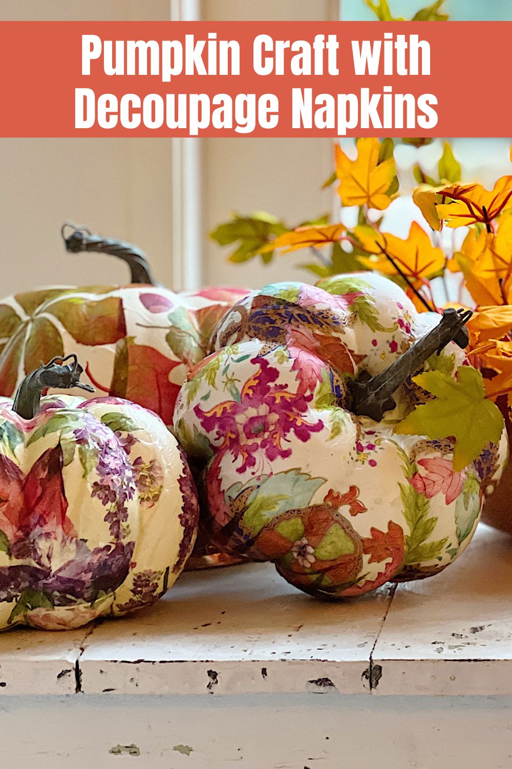 Every fall I make a pumpkin craft. This year, I repurposed some old faux pumpkins and added decoupage napkins to them.