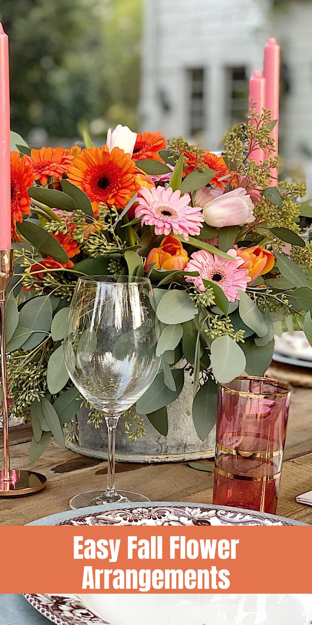 Today I am sharing one of my favorite fall flower arrangements. I used grocery store flowers to create this wonderful setting.