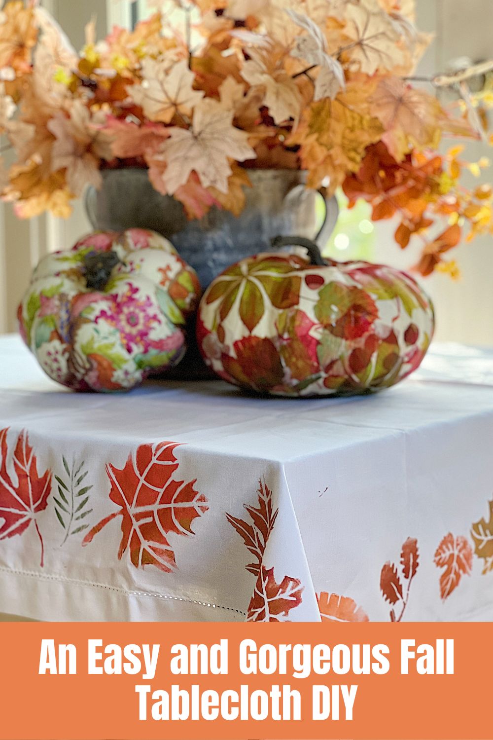 I have never made a fall tablecloth and decided to make one using stencils and metallic paint. I am so happy with how this turned out!