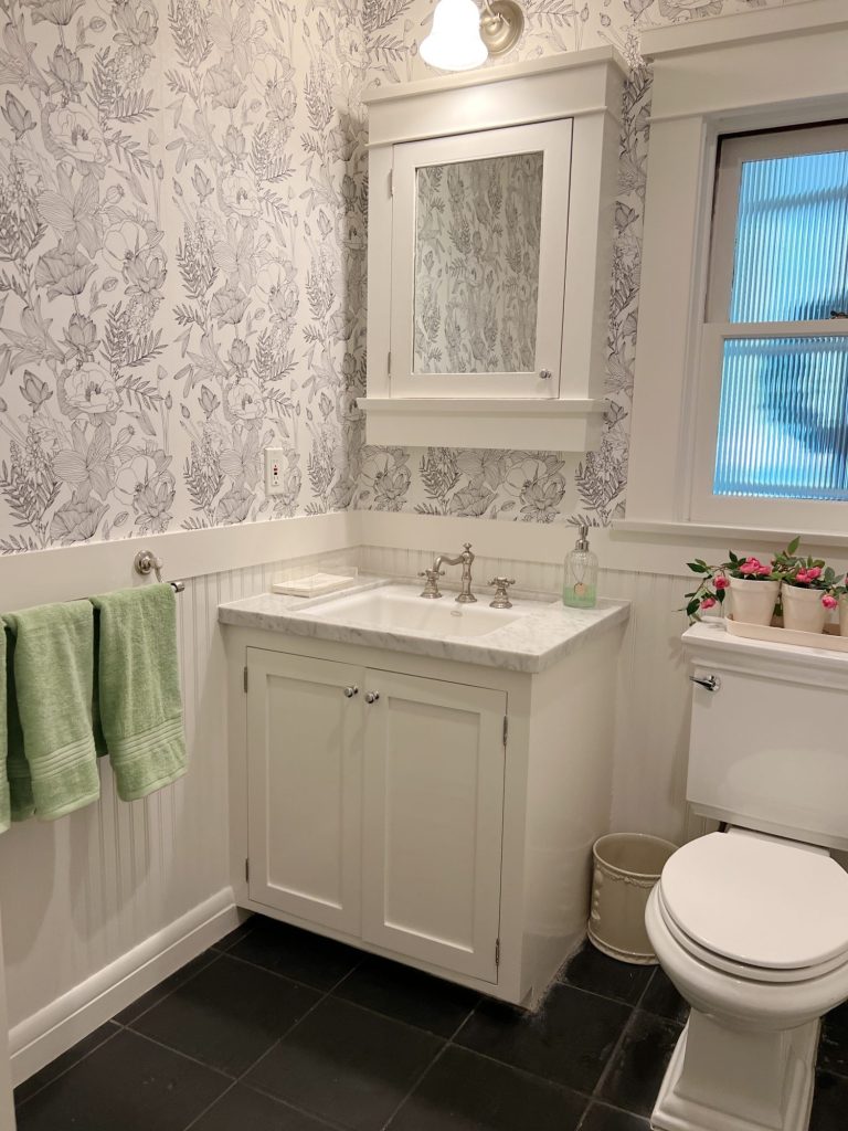 One Day Bathroom Remodel with Black and White Wallpaper