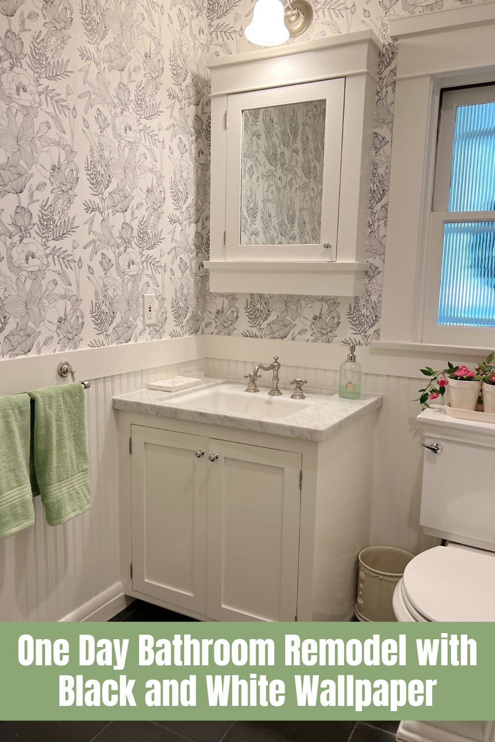 One Day Bathroom Remodel with Black and White Wallpaper - MY 100 YEAR OLD  HOME