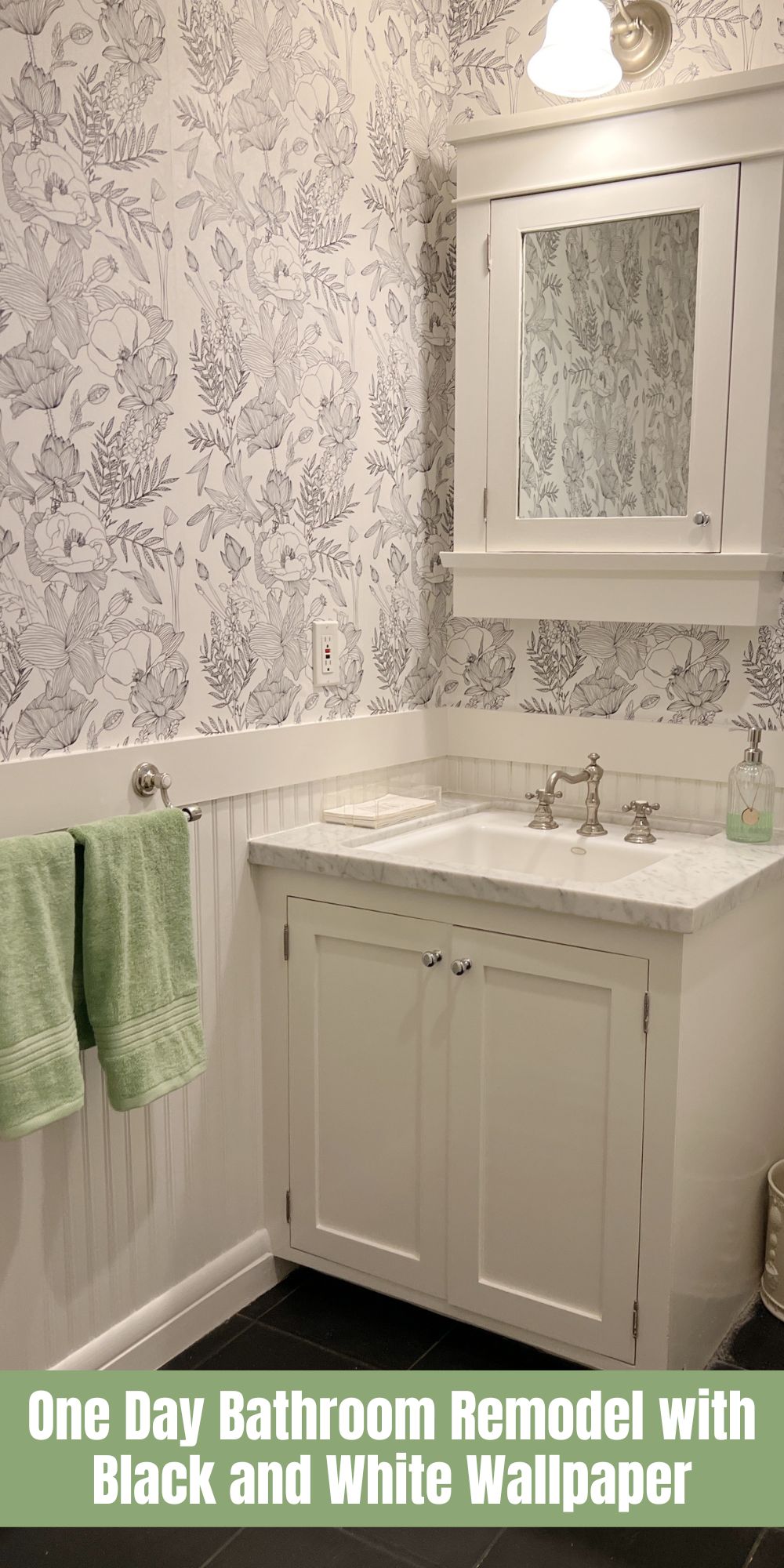 I did a quick remodel before the Launch Party and pulled off a one-day bathroom remodel with black and white wallpaper.