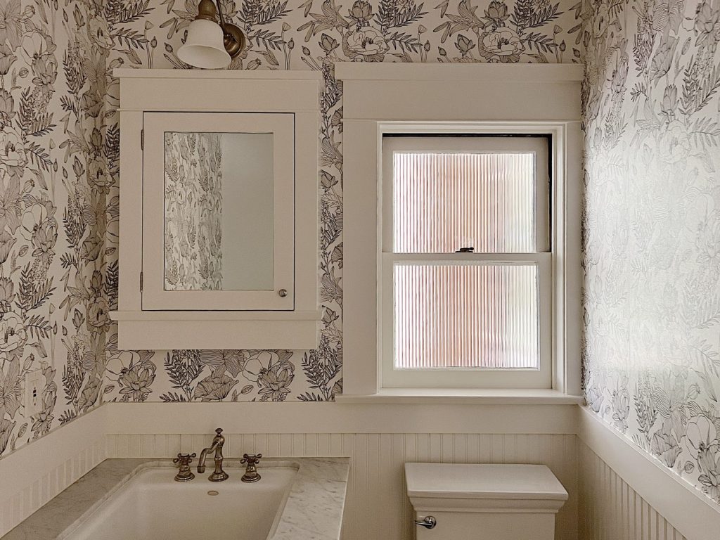One Day Bathroom Remodel with Black and White Wallpaper 3
