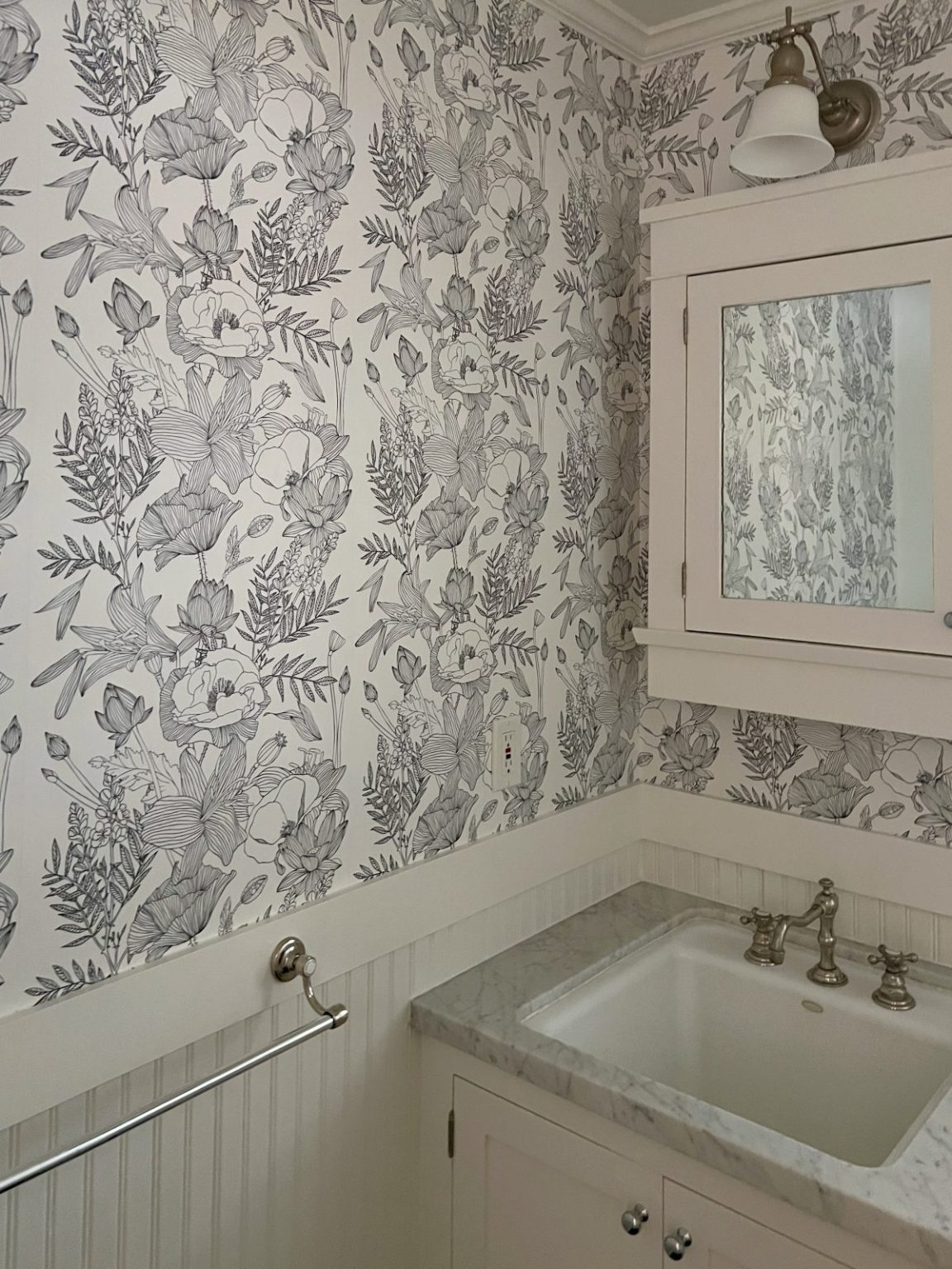 One Day Bathroom Remodel with Black and White Wallpaper MY 100 YEAR