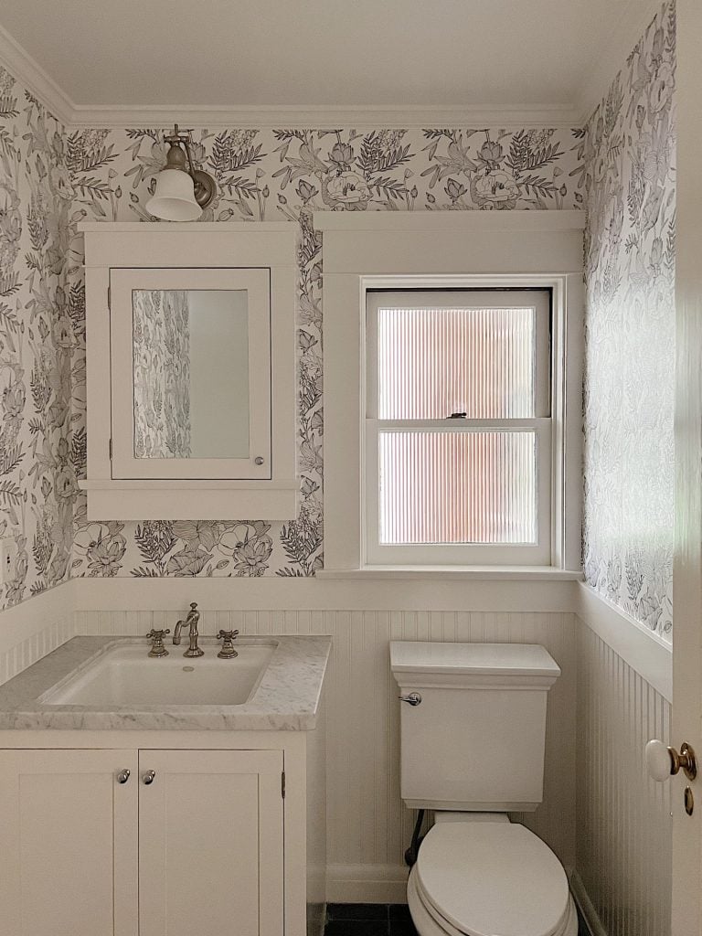 One Day Bathroom Remodel with Black and White Wallpaper 5